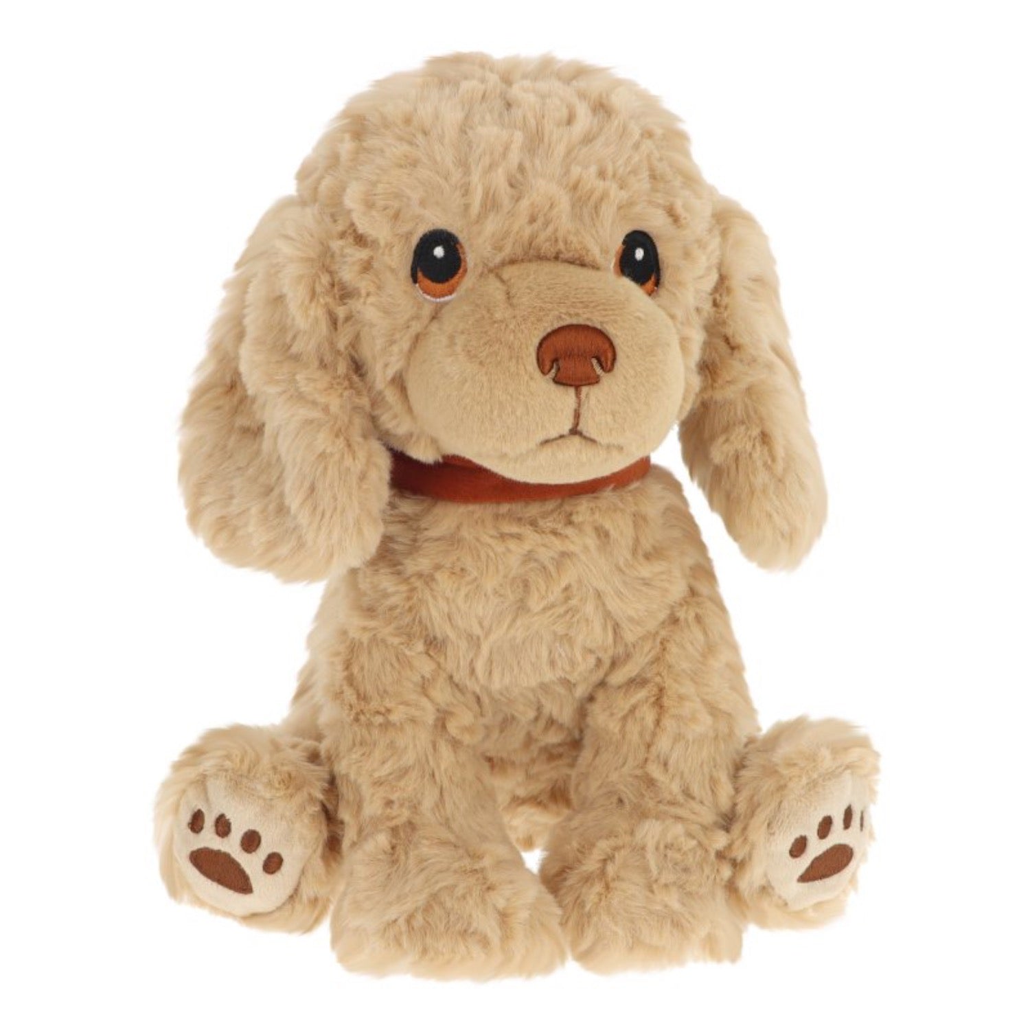 Plush toy dog with a brown collar on a white background