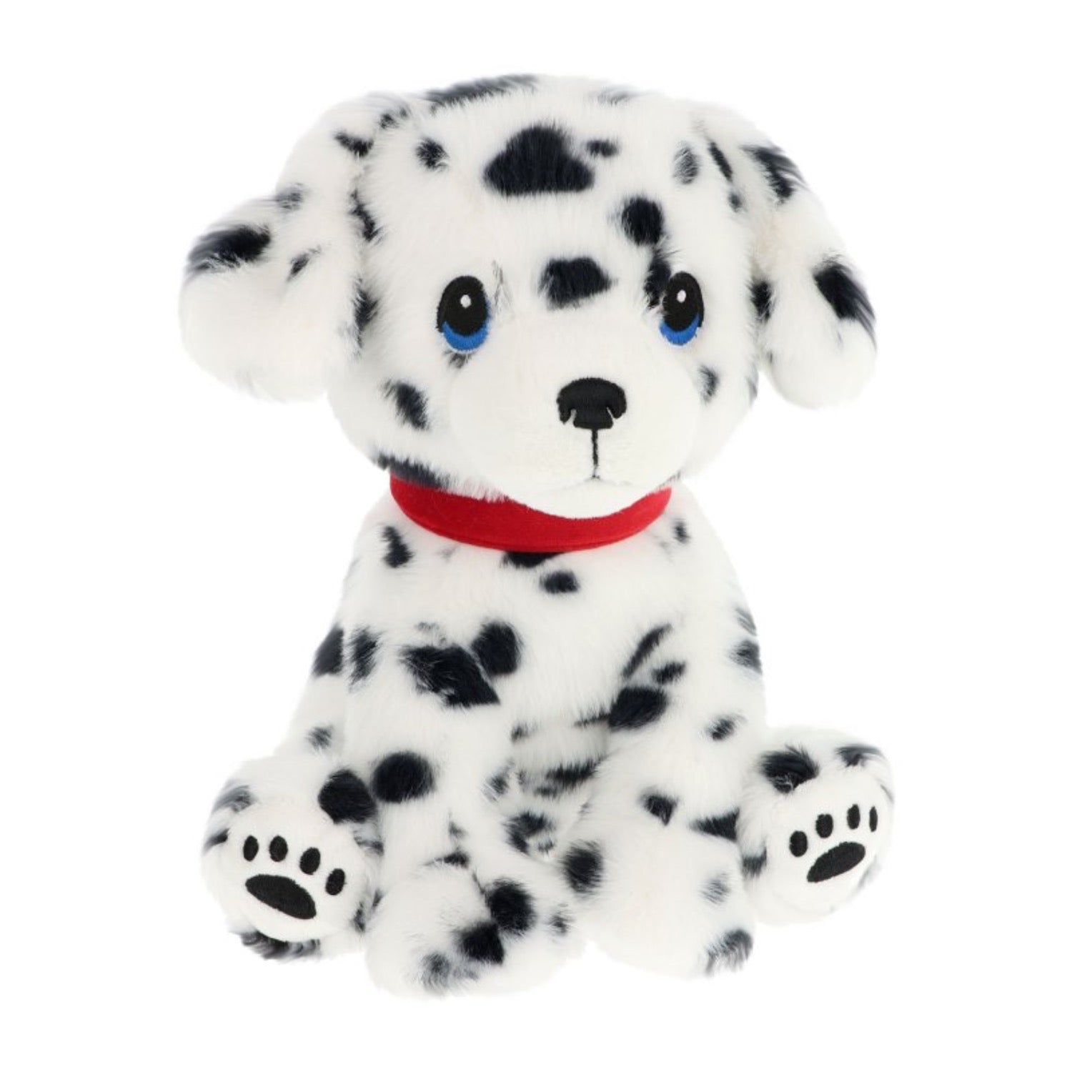 Plush toy dog with black spots and a red collar on a white background