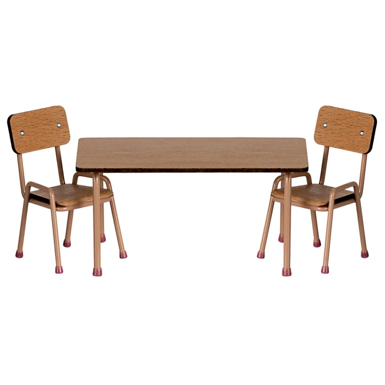 Wooden table with two matching chairs on a white background