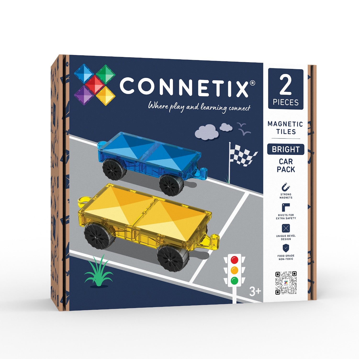 Connetix Bright Car Pack 2-piece magnetic tiles in its retail packaging, featuring a navy blue box with illustrations of a blue and yellow magnetic car set.