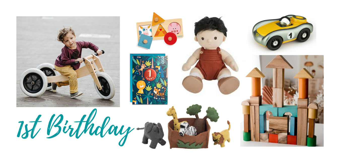 First birthday gender neutral  gift guide Wishbone 3-in-1 original wooden bike Olli Ella Dinkum Doll QToys natural colored wooden blocks Pashom wool felt Safari playset Djeco wooden peg puzzle James Ellis age 1 year card Playforever  verve vigiletta car