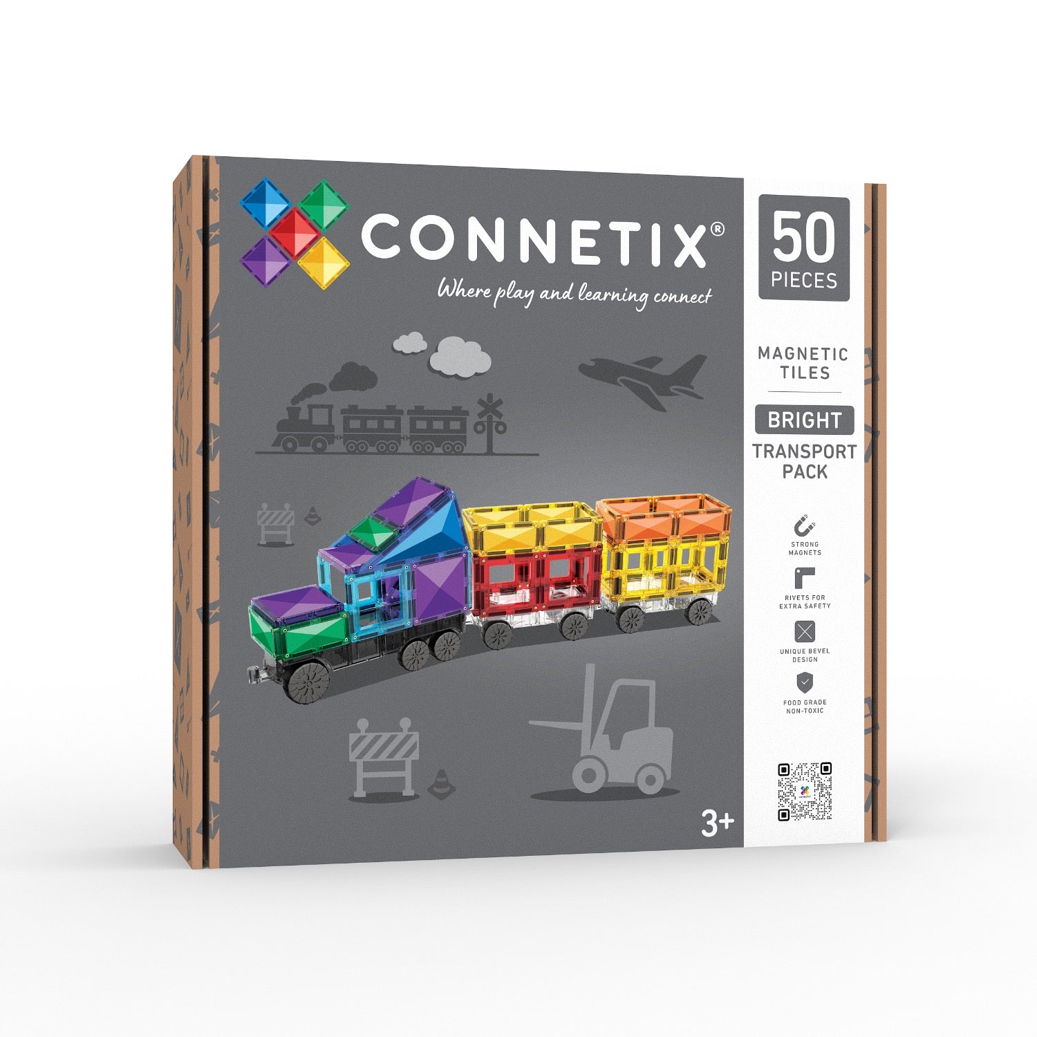 Connetix Bright Transport Pack 50-piece magnetic tile toy set in its retail packaging, featuring a gray box with illustrations of a colorful magnetic train and wooden side spines.