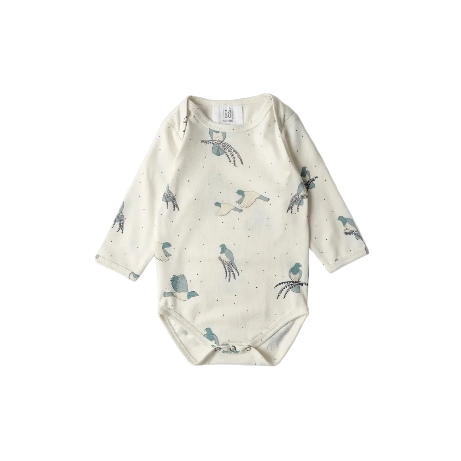 Baby bodysuit with bird pattern on a white background