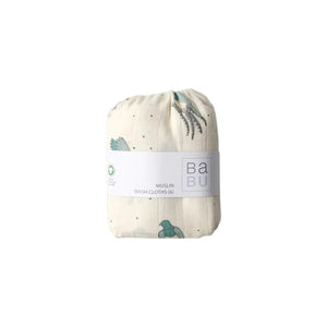 Pack of muslin wash cloths with a 'BaBu' label on a white background