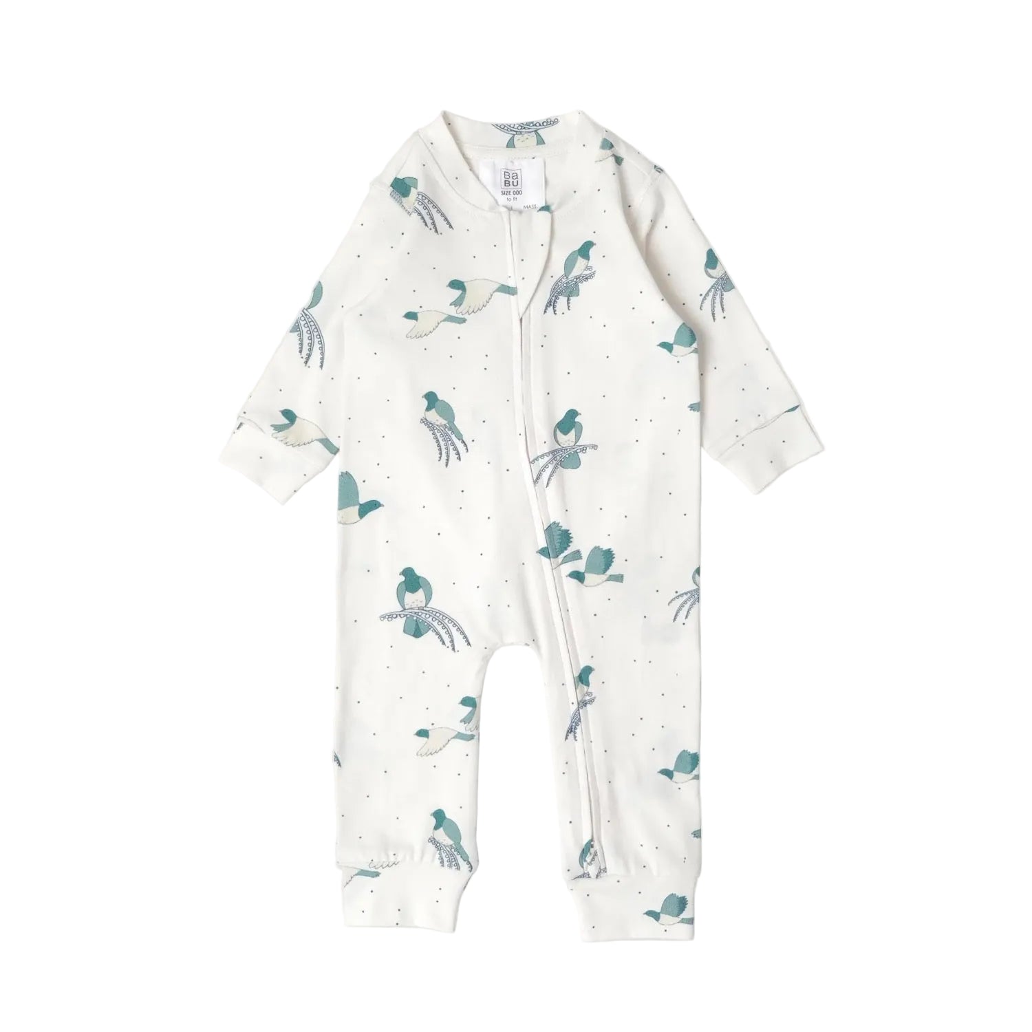 Baby onesie with bird pattern on a white background