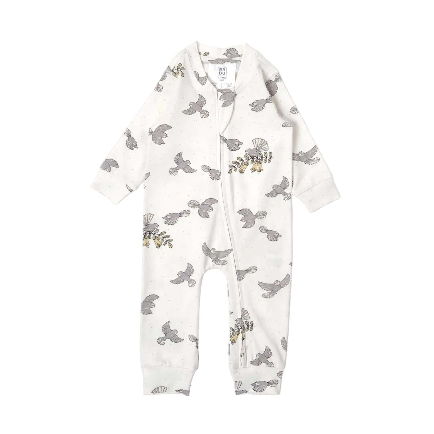 White baby onesie with gray bird pattern on a white background