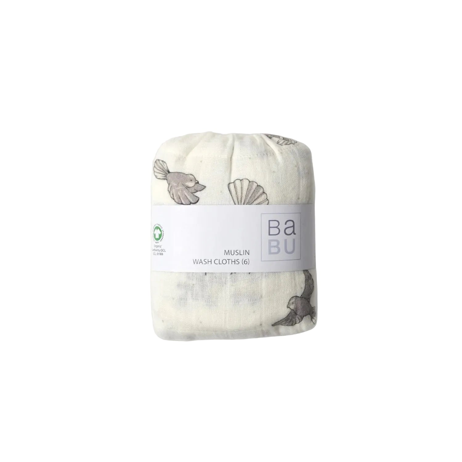 Pack of Muslin wash cloths with a visible brand label on a white background