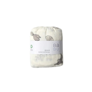 Pack of Muslin wash cloths with a visible brand label on a white background