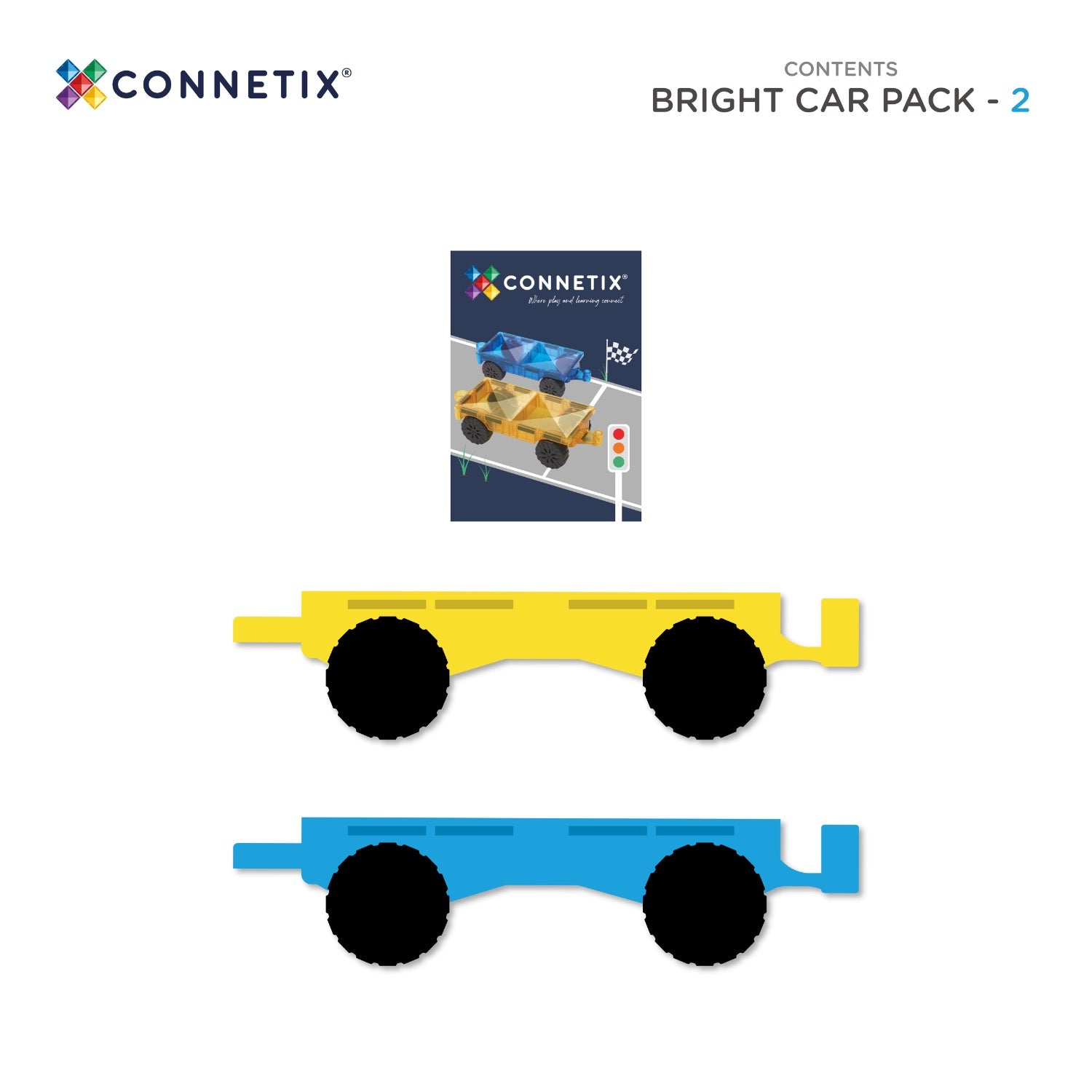 Connetix Bright Car Pack 2-piece magnetic tiles in its retail packaging, featuring a navy blue box with illustrations of a blue and yellow magnetic car set.