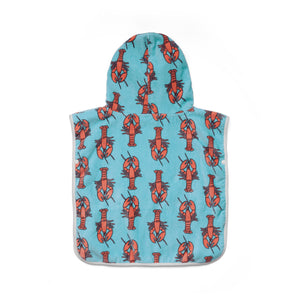 Hooded towel with lobster pattern on a blue background