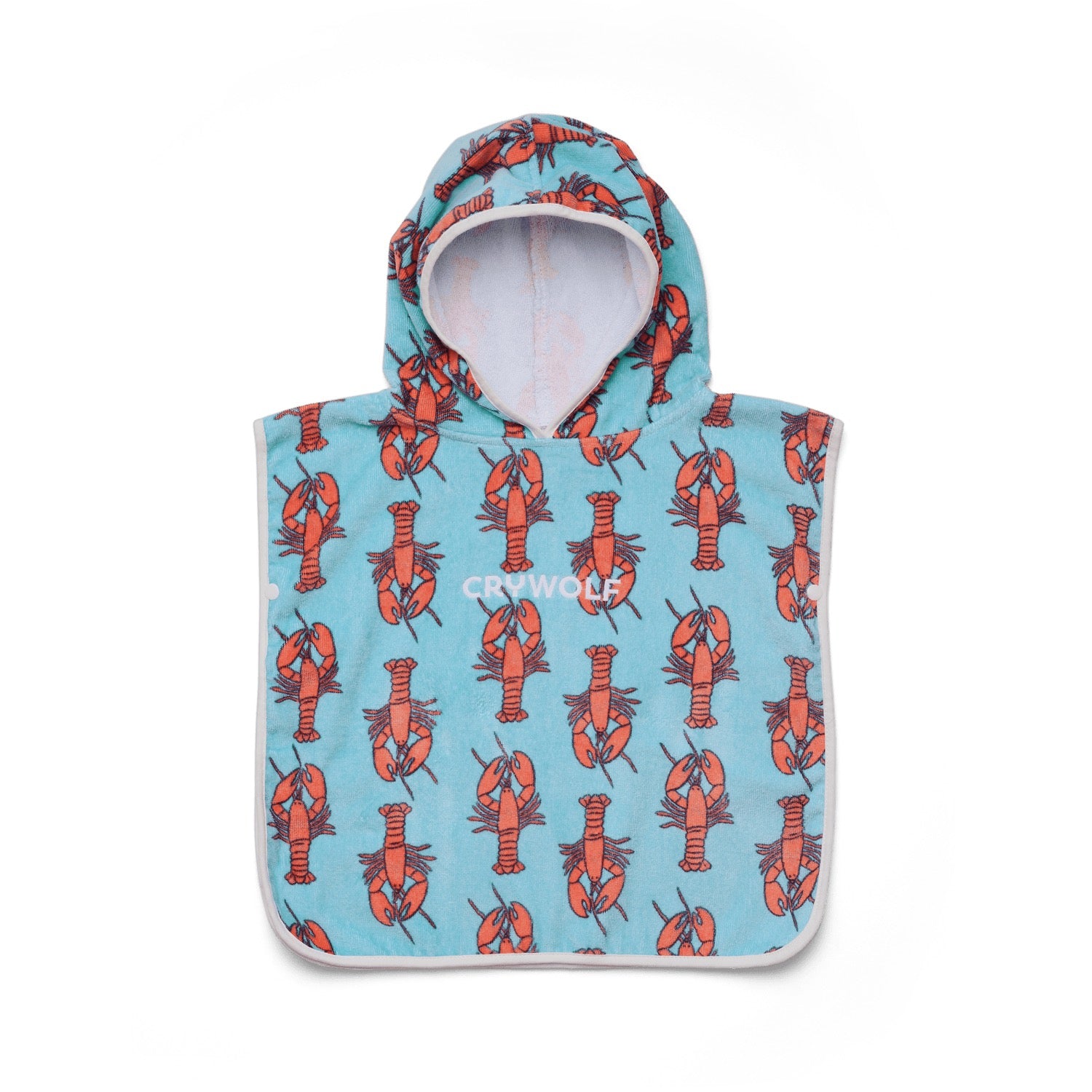 Hooded poncho with lobster pattern on a light blue background