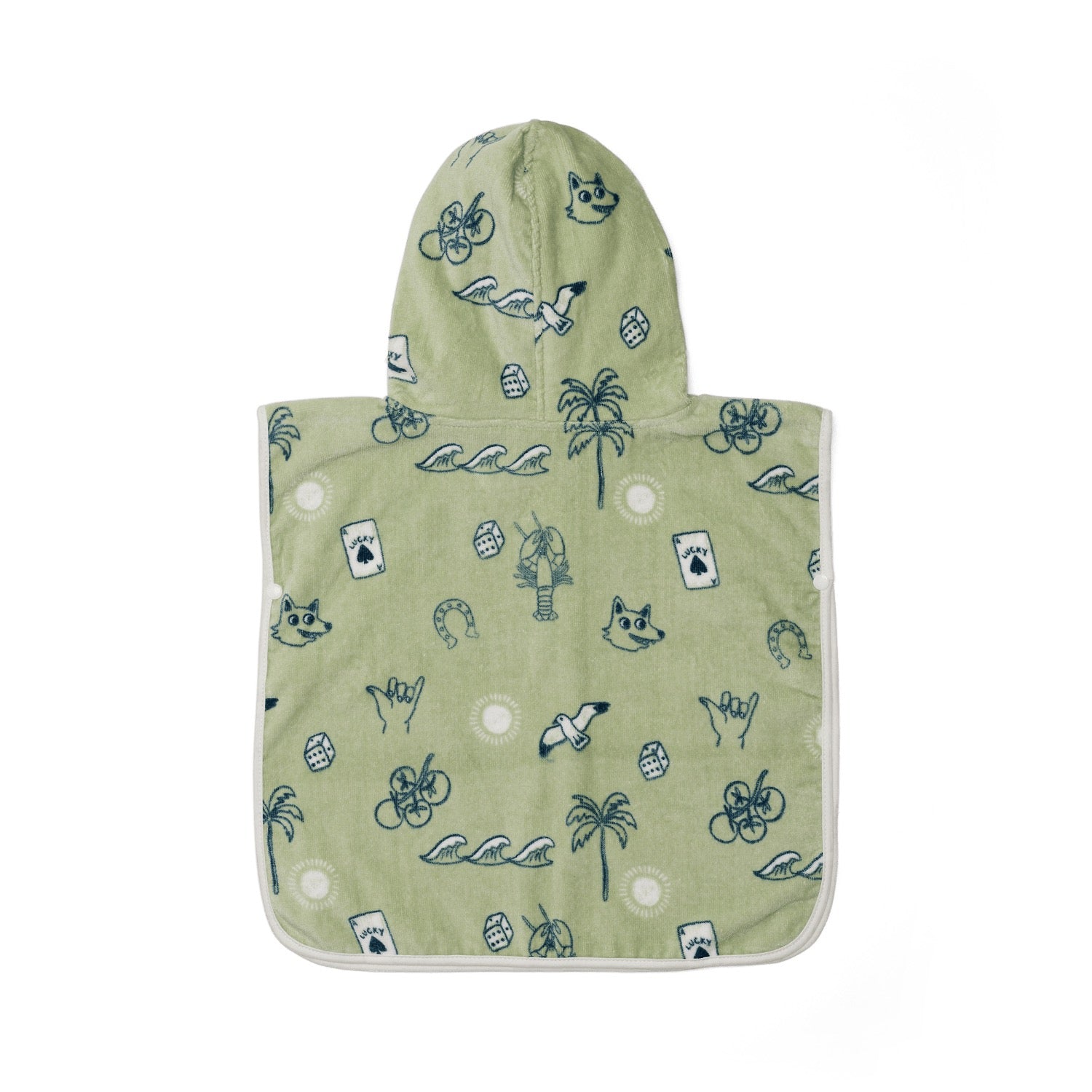 Green hooded poncho with cartoon designs on a white background