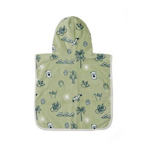 Green hooded poncho with playful patterns on a white background