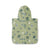 Green hooded poncho with playful patterns on a white background
