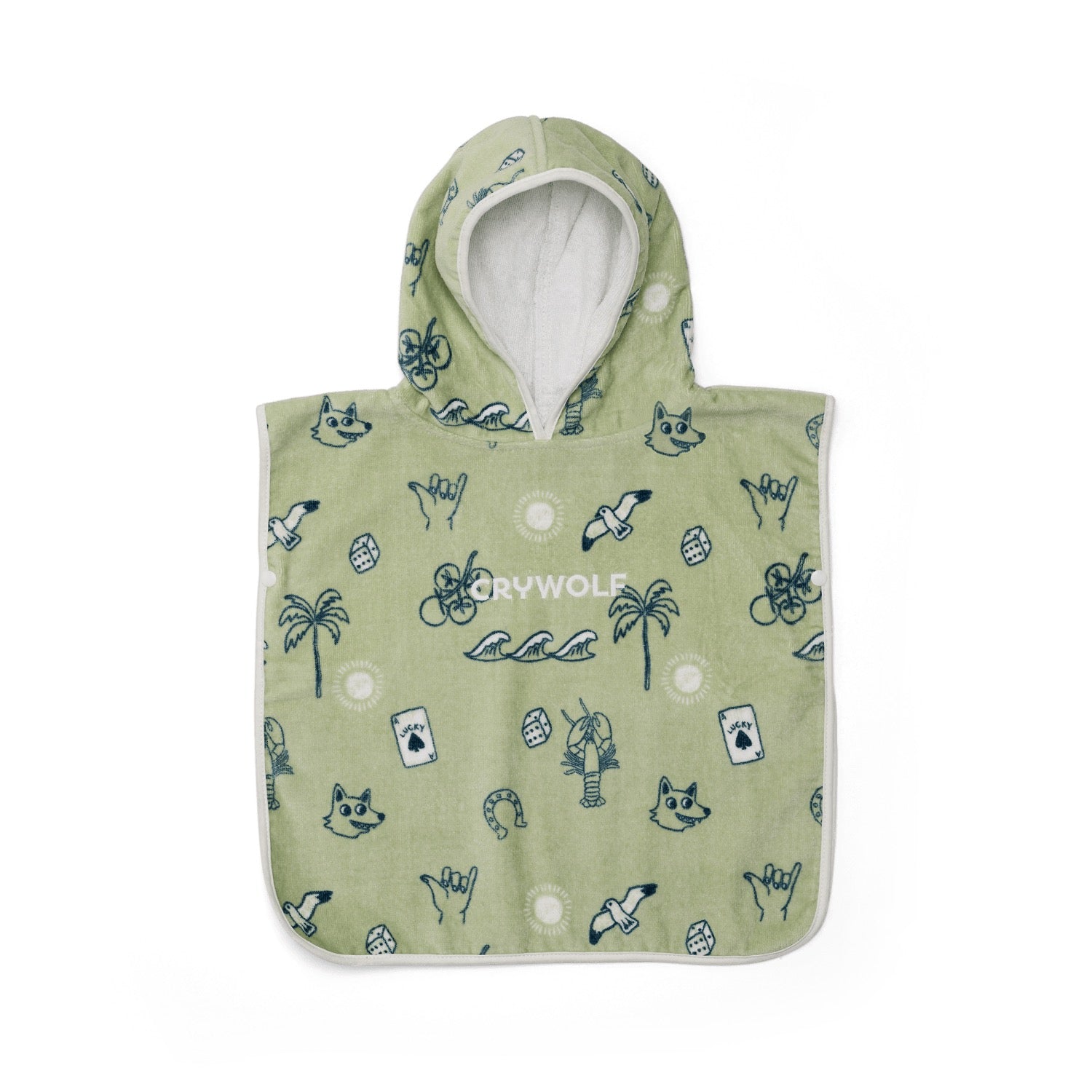 Green hooded poncho with cartoon designs on a white background