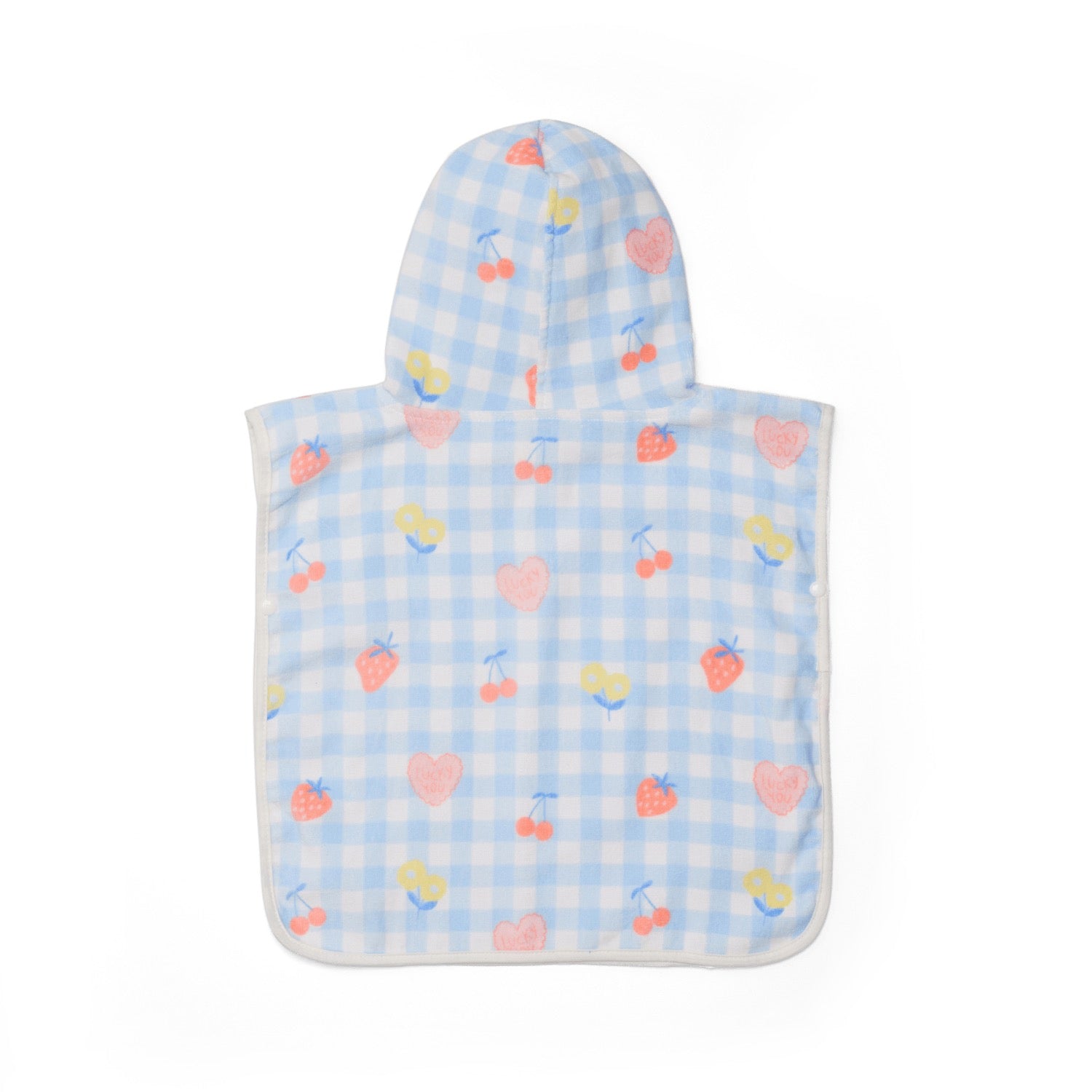 Children's poncho with hood and colorful pattern on a white background