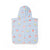 Baby poncho with hood featuring a blue checkered pattern and pink hearts on a white background