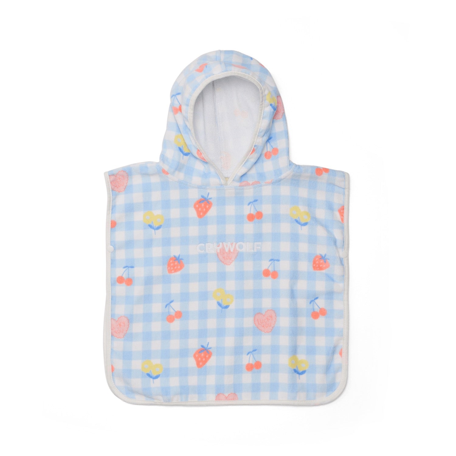 Children's poncho with hood and colorful pattern on a white background