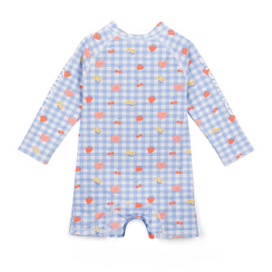 Baby swim suit with heart and checkered pattern on a white background
