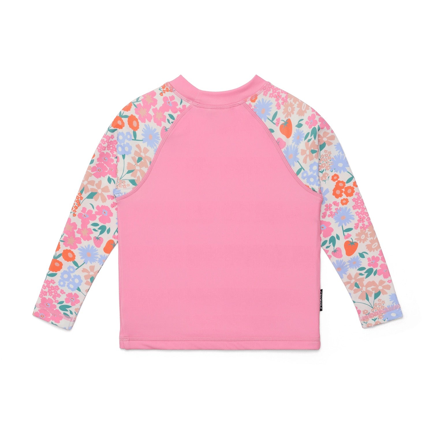 Pink long-sleeve swim rashie with floral sleeves and 'Crywolf' text on a white background