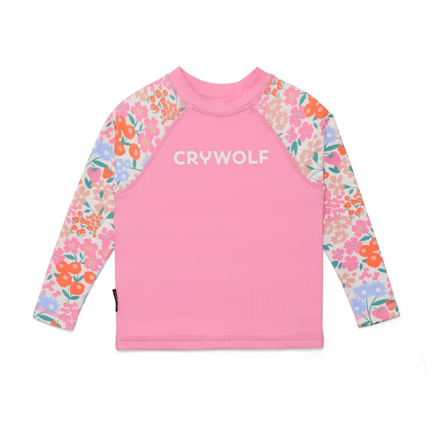 Pink long-sleeve swim rashie with floral sleeves and 'Crywolf' text on a white background