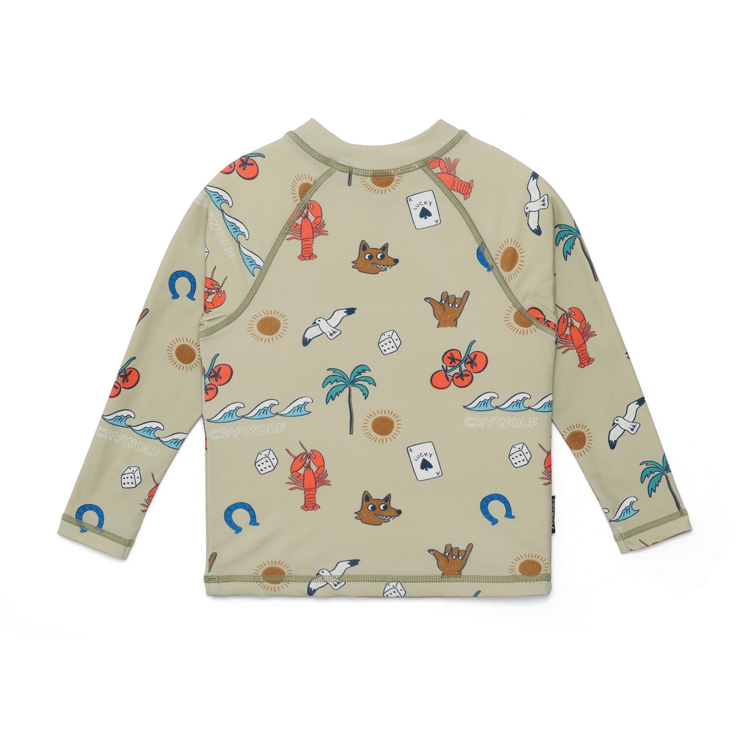 Children's long-sleeve swim rash top with colorful patterns on a white background, featuring the brand 'CRYWOLF'.