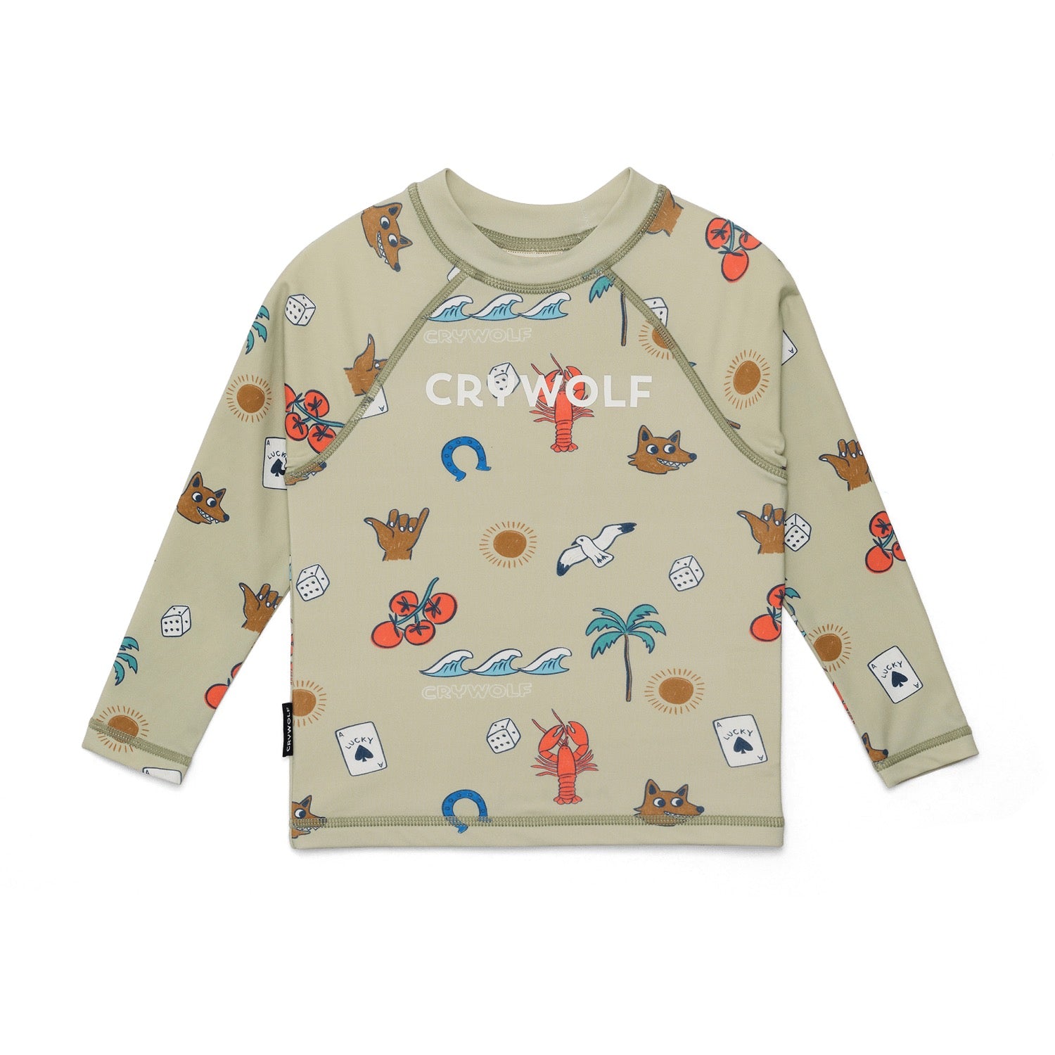 Children's long-sleeve swim rash top with colorful patterns on a white background, featuring the brand 'CRYWOLF'.