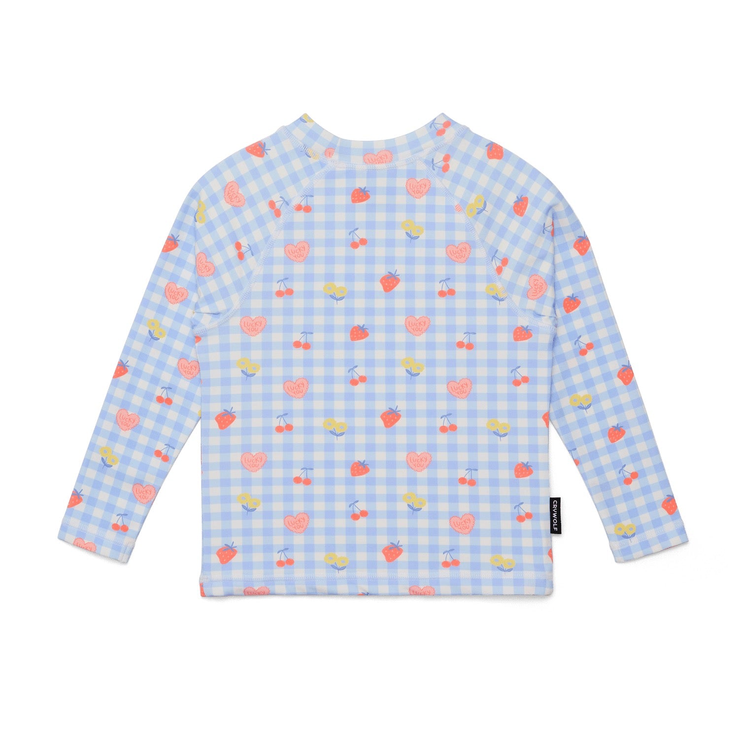 Children's long-sleeve swim rash top with heart pattern and 'Crywolf' branding on a white background