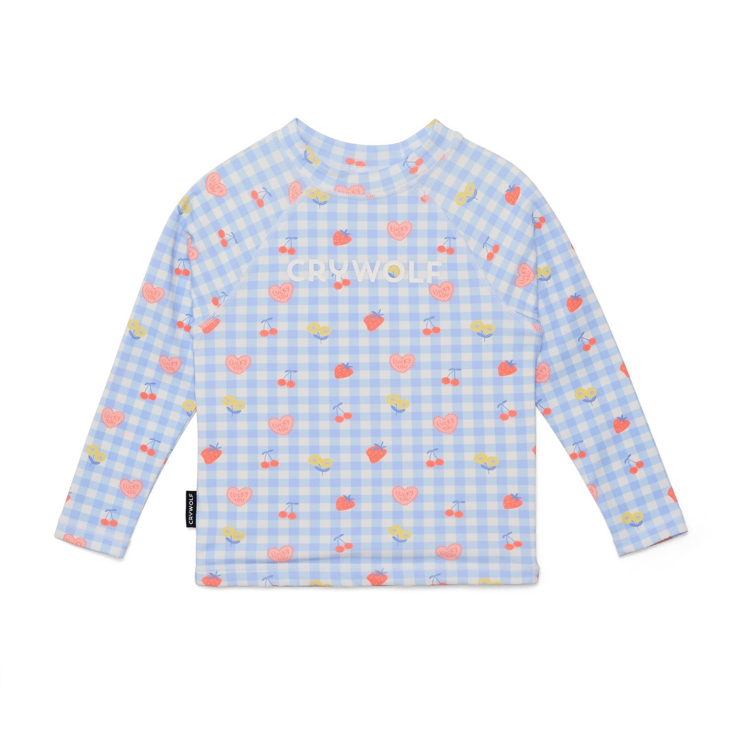 Children's long-sleeve swim rash top with heart pattern and 'Crywolf' branding on a white background