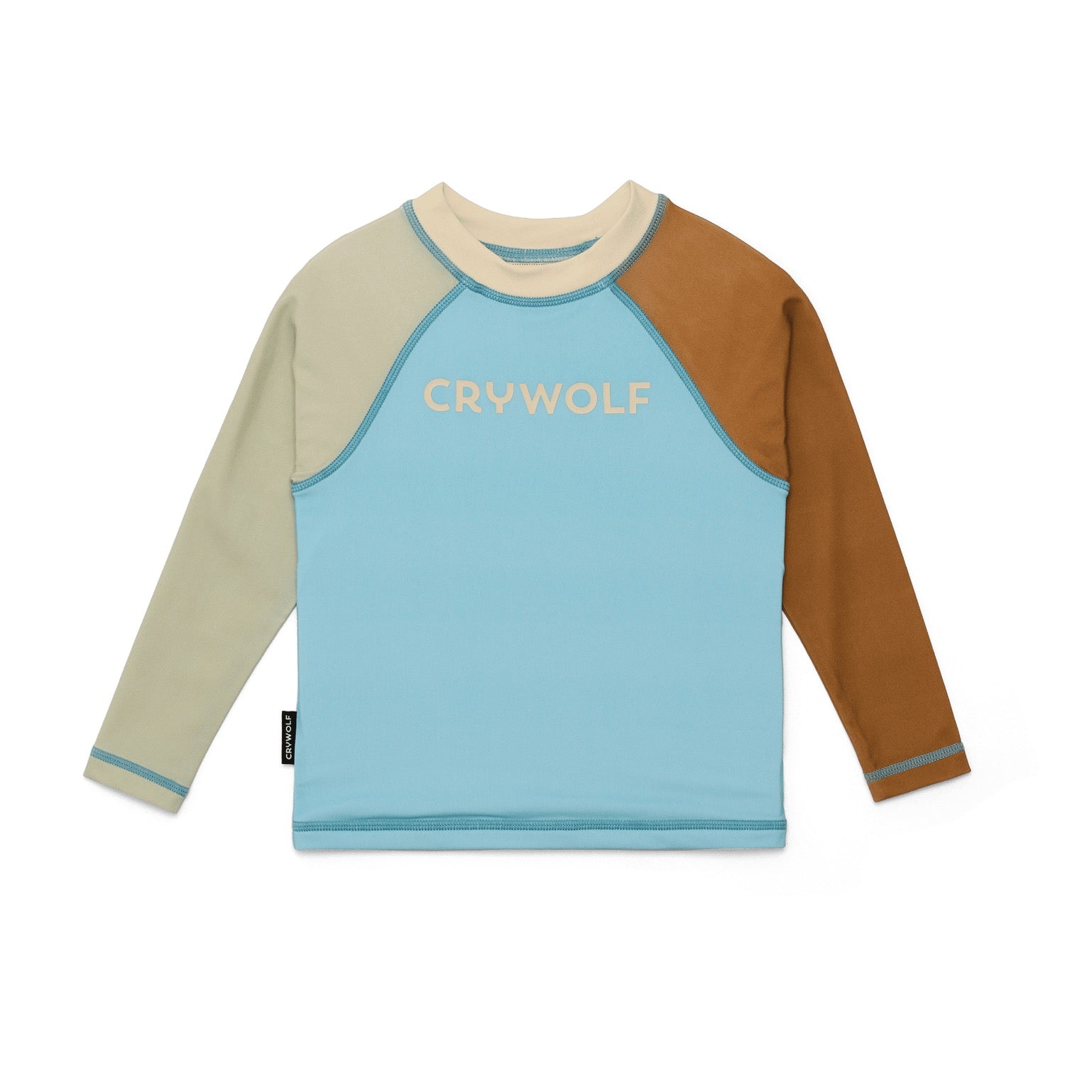 Long-sleeve swim rash top with 'Crywolf' logo on a white background