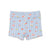Swim shorts with a blue checkered pattern and heart and cherry design on a white background