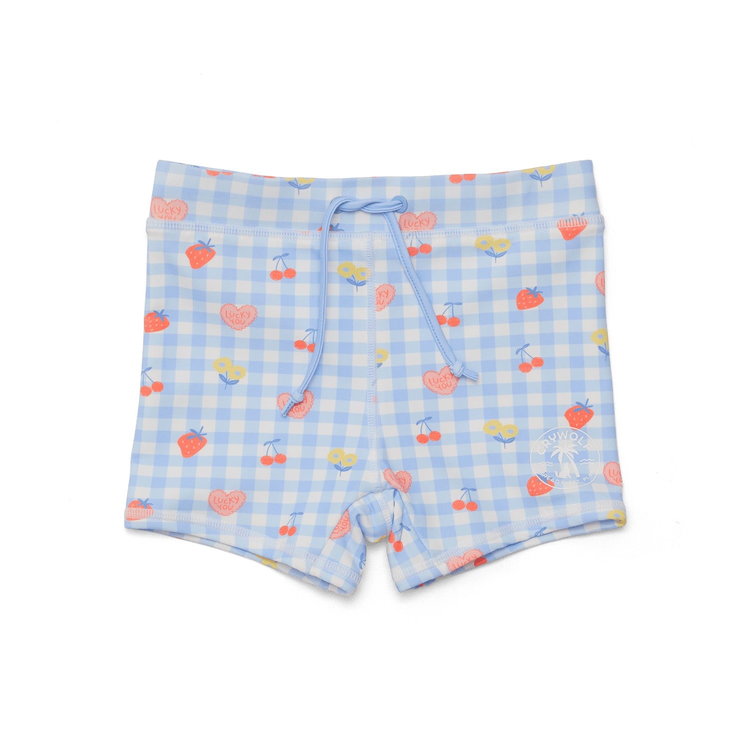 Light blue checkered swim shorts with cherry pattern on a white background