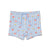 Light blue checkered swim shorts with cherry pattern on a white background