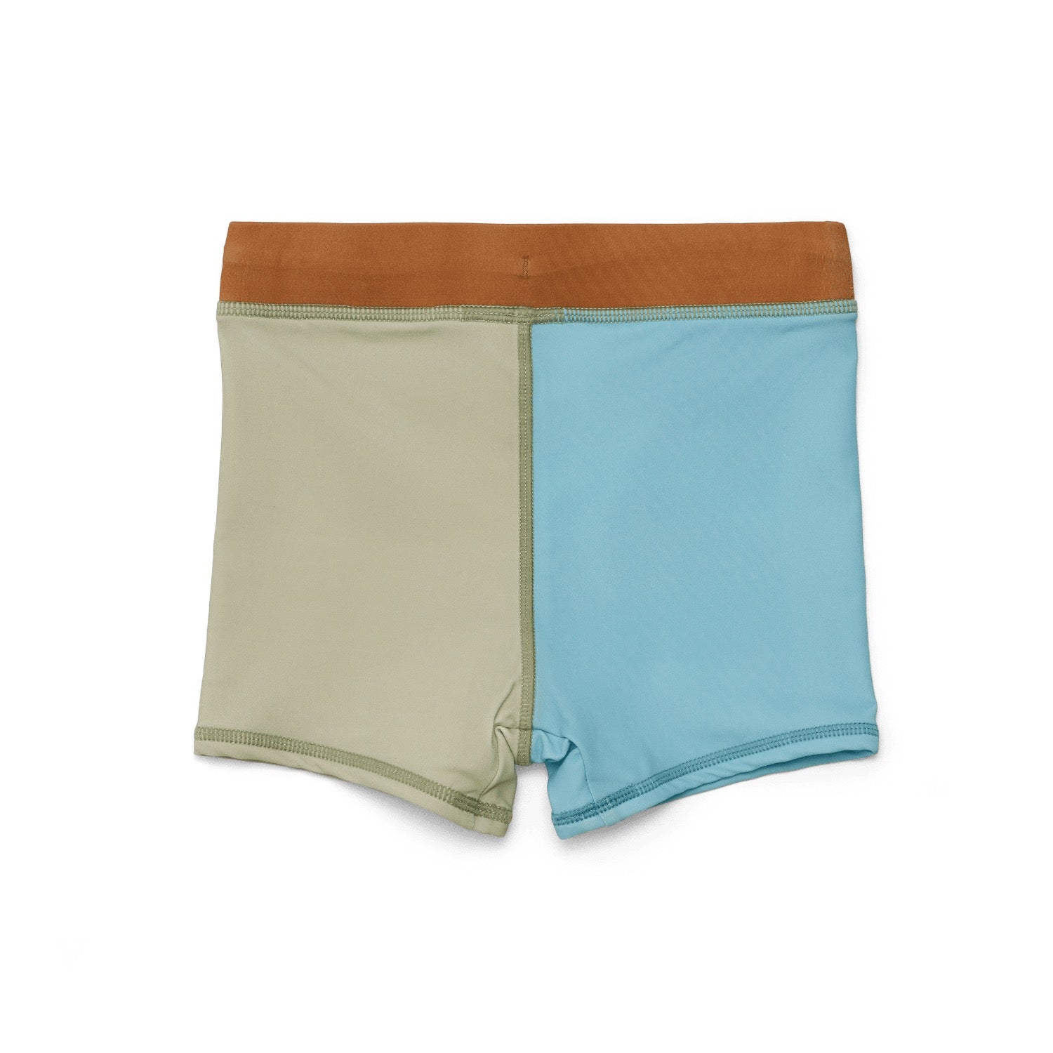 Swim shorts, colour blocked blue, brown,  and sage on a white background.