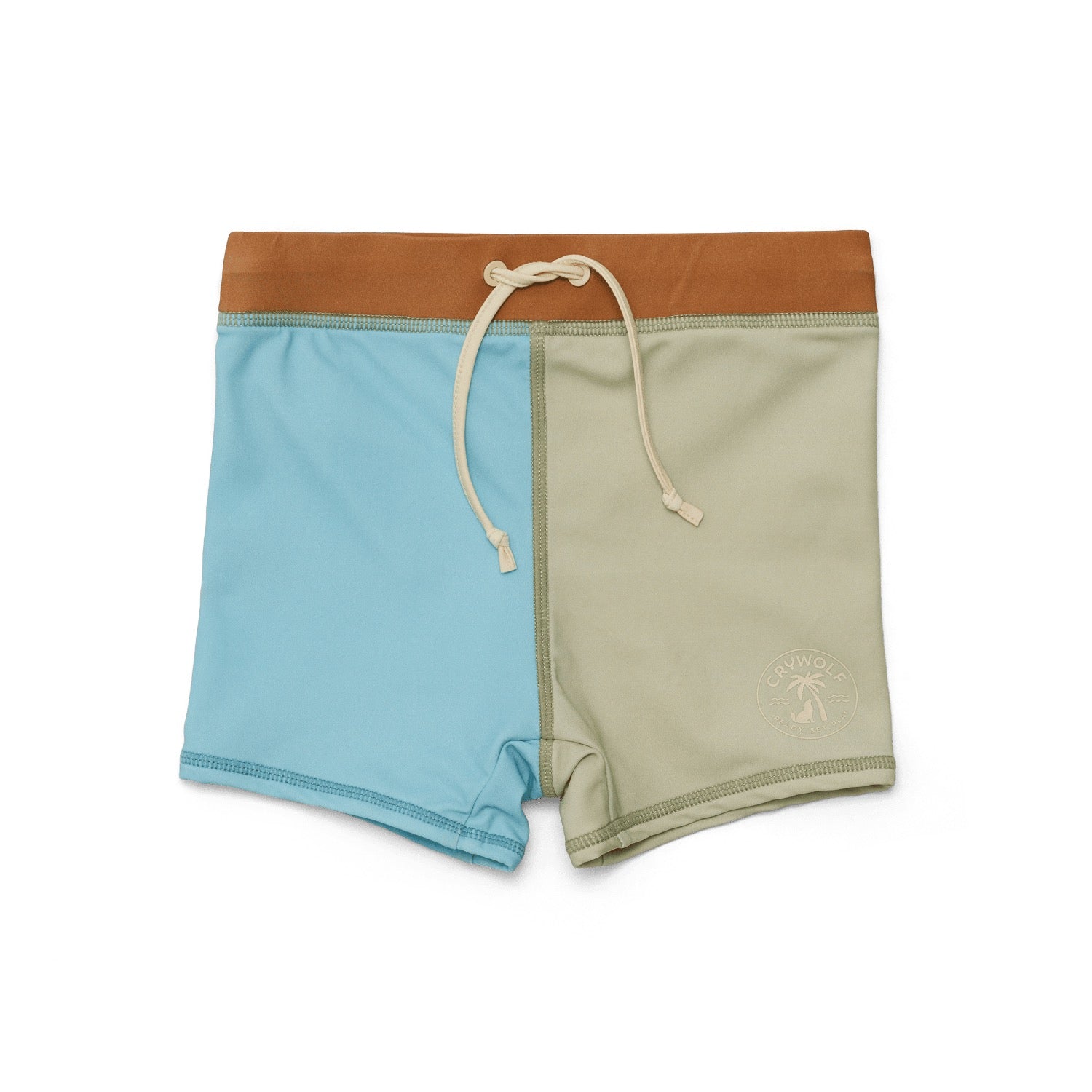 Swim shorts, colour blocked blue, brown,  and sage on a white background.