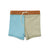 Swim shorts, colour blocked blue, brown,  and sage on a white background.