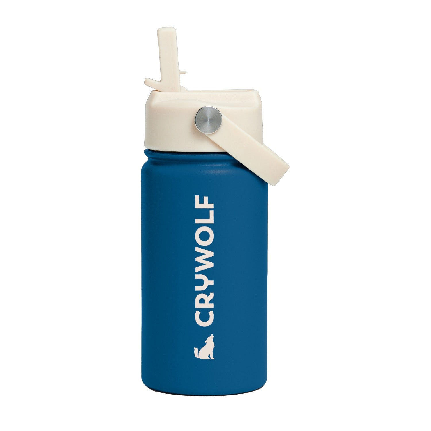 Blue water bottle with beige lid and Crywolf branding on a white background