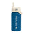 Blue water bottle with beige lid and Crywolf branding on a white background
