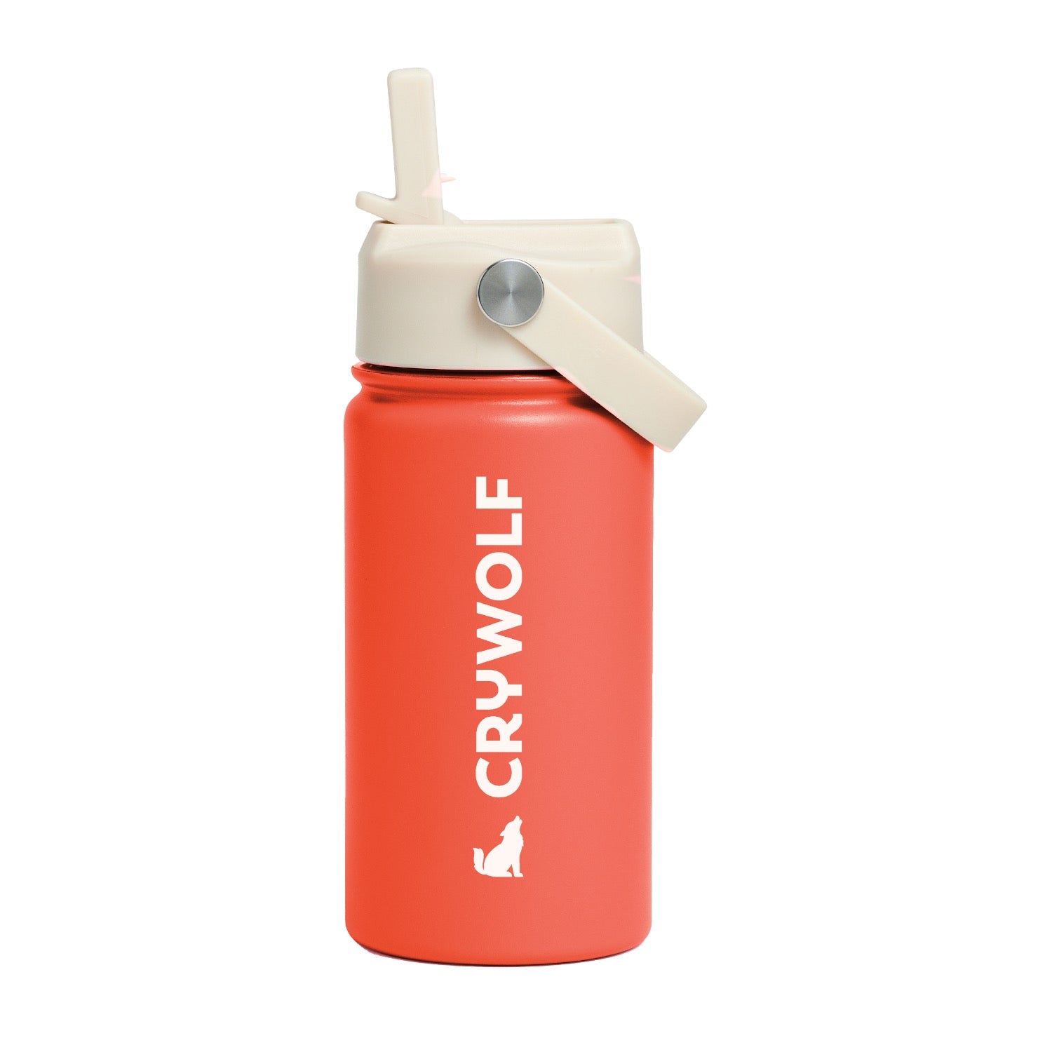 Red water bottle with beige lid and 'Crywolf' branding on a white background