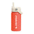 Red water bottle with beige lid and 'Crywolf' branding on a white background
