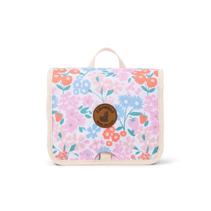 Floral-patterned hanging toilet bag with a visible brand logo on a white background