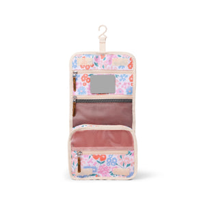 Floral-patterned hanging toiletry bag on a white background
