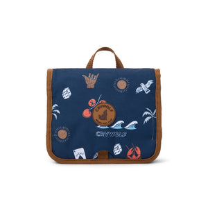 Navy blue hanging toilet bag with brown handles and colorful designs 
