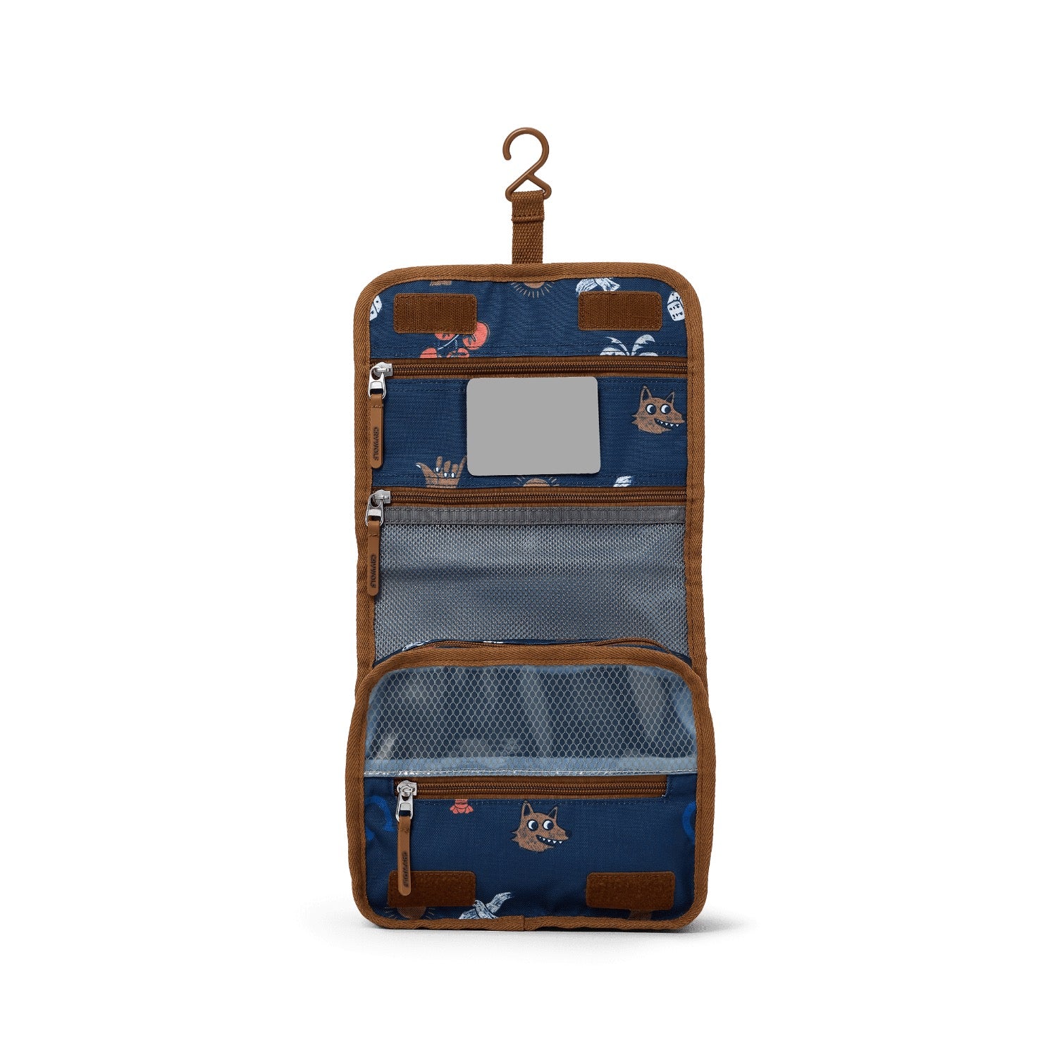 Navy blue hanging toilet bag with brown handles and colorful designs 