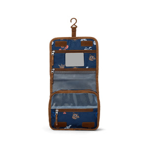 Hanging toiletry bag with blue and brown designs