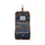 Navy blue hanging toilet bag with brown handles and colorful designs 