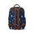 Navy blue backpack with brown straps and a pattern on a white background