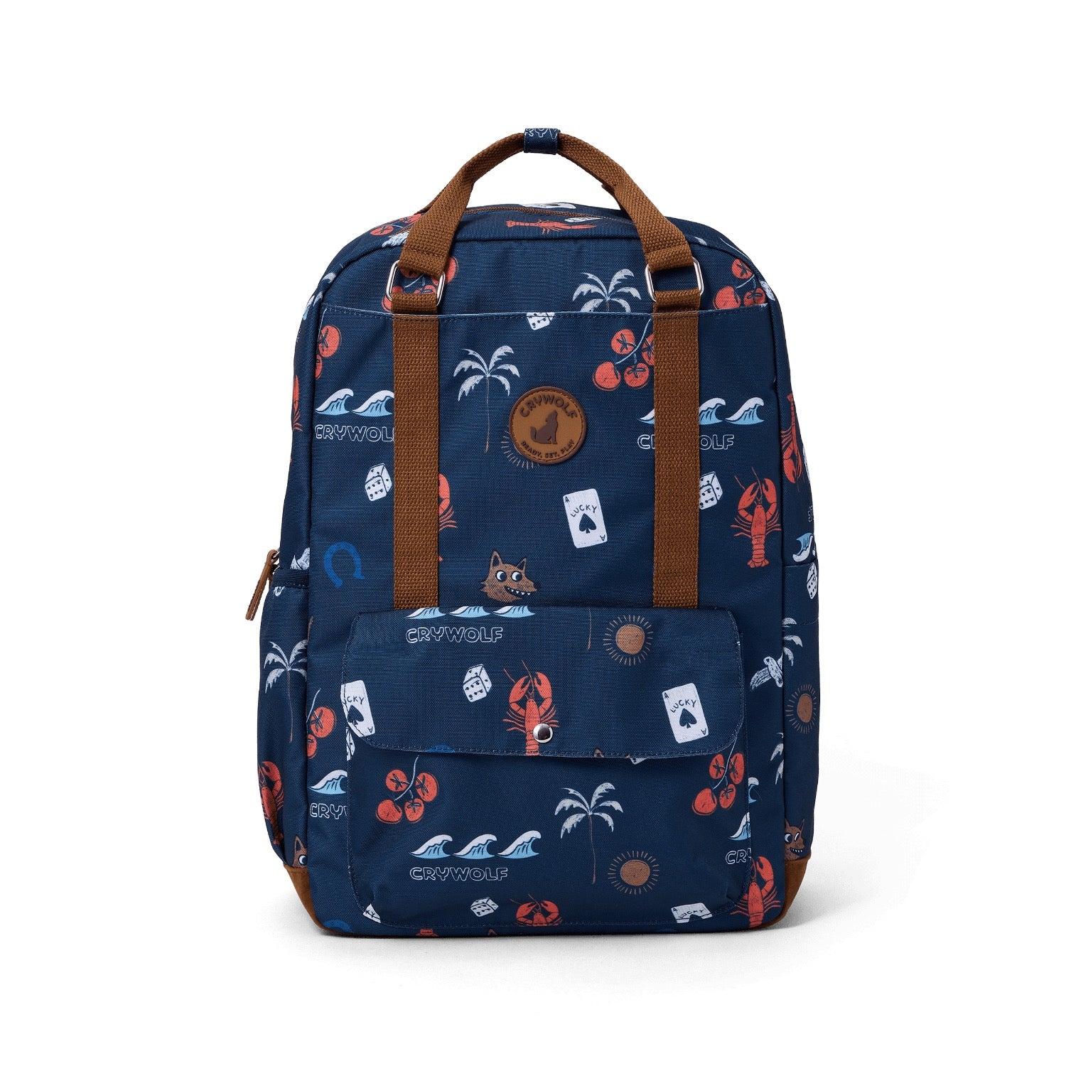Navy blue backpack with colorful pattern on a white background
