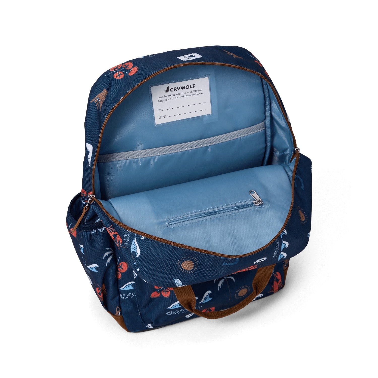 Navy blue backpack with colorful pattern on a white background