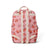 Pink backpack with strawberry pattern on a white background